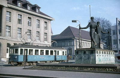 WSB, Aarau Bahnhofplatz, Hauptpost, Schützendenkmal, BDe 4/4 18, Aufnahme 1967