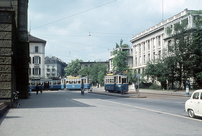 VBZ, Zürich, bei ETH und Uni (heute Station ETH/Universitätsspital), Linie 6, Ce 2/2 1245 und 1250, Ce 4/4, Aufnahme 1958