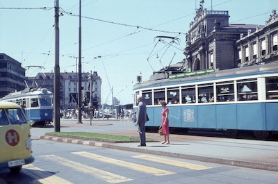 VBZ, Zürich-Hauptbahnhof, Tram 14 Be 4/4 und Tram 3 Be 4/4, Aufnahme 1963