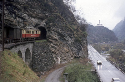 Bellinzona-Mesocco-Bahn, zwischen Cabbiolo und Soazza, AB ABe 4/4 41, Aufnahme 1972