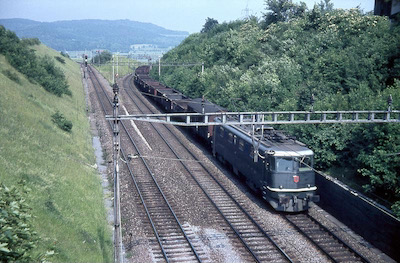 SBB, Gexi, Abzweigung Nationalbahn/Südbahn, Güterzug vom Freiamt nach Lenzburg mit Ae 6/6 11489 AIROLO, Aufnahme 1967