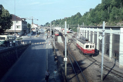 AB, Bahnhof Herisau, Triebwagen ABDe 2/4 46 (48 ab 1968), vor 1956 Dieseltriebwagen BCFm 2/4 55 (Bruder des ABDm 2/4 56 auf Bild 2824), Aufnahme 1966
