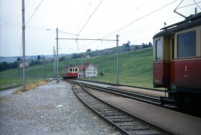 AB, Weissbad, ABe 4/4 44 (Mitte) und ABe 4/4 41 (rechts), Aufnahme 1973